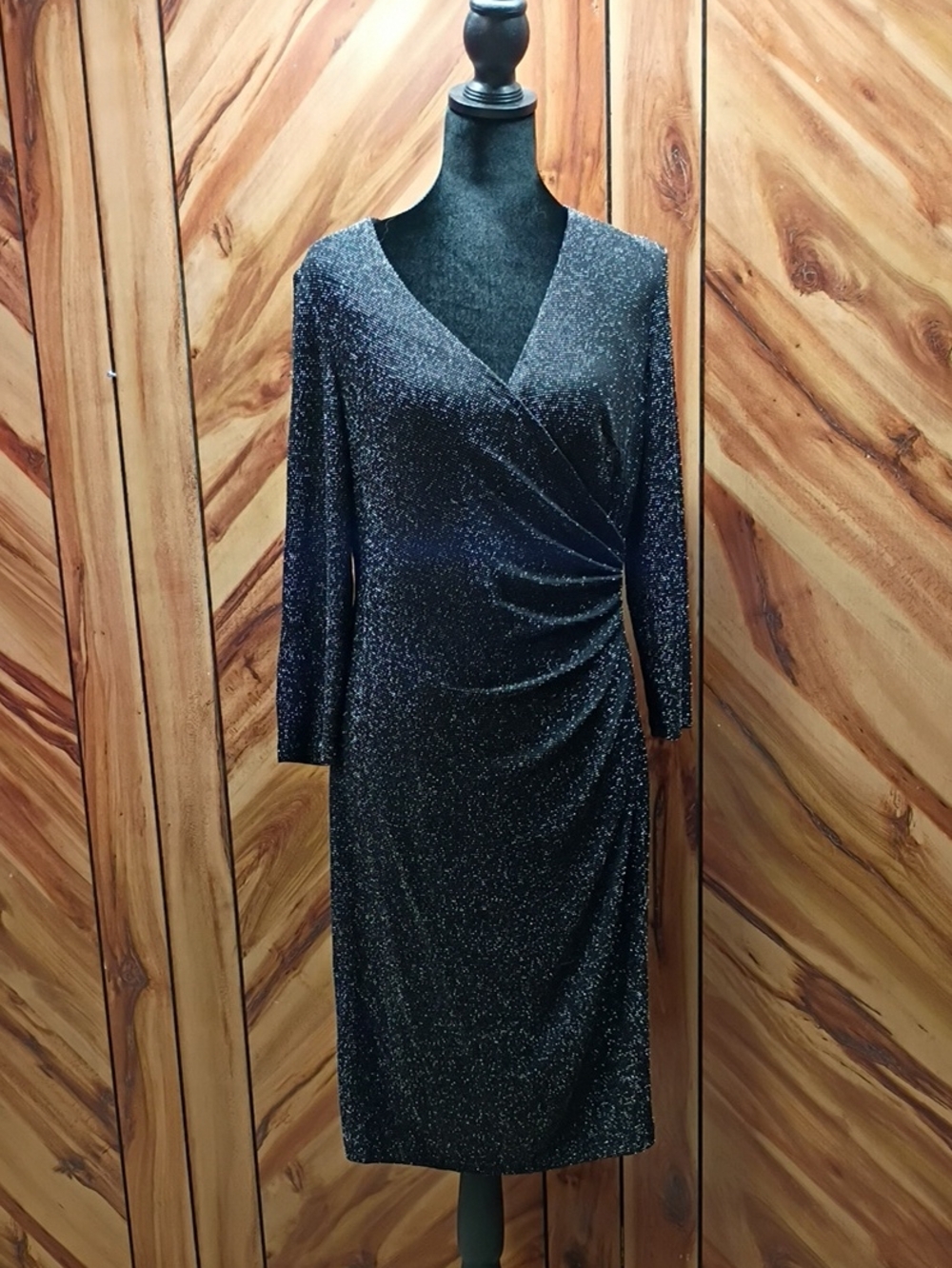 Chaps Black Metallic Wrap-Style Long Sleeve Midi Dress Size 12